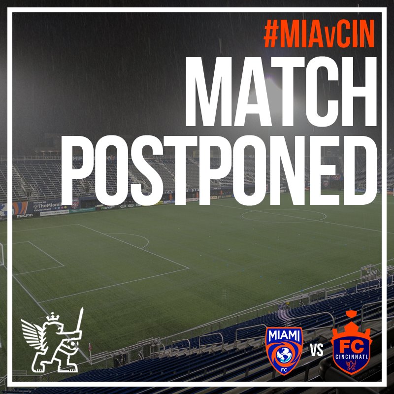 fccincinnati's tweet photo. Due to persistent storms in the area, tonight's match vs @TheMiamiFC will not take place. A rescheduled date has not yet been set. #MIAvCIN https://t.co/4NA1nyZSgX