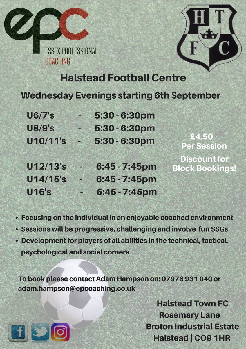 Essex Professional Coaching (@epc_coaching) on Twitter photo We're now taking bookings for September onwards, see details attached! β½οΈπ <a href="/HalsteadTownFC/">Halstead Town FC</a> <a href="/HTYFC_halstead/">Halstead Town Youth</a> <a href="/HTPSHalstead/">Holy Trinity Primary School Halstead</a> <a href="/HalsteadGazette/">Halstead Gazette</a> We're now taking bookings for September onwards, see details attached! β½οΈπ <a href="/HalsteadTownFC/">Halstead Town FC</a> <a href="/HTYFC_halstead/">Halstead Town Youth</a> <a href="/HTPSHalstead/">Holy Trinity Primary School Halstead</a> <a href="/HalsteadGazette/">Halstead Gazette</a>