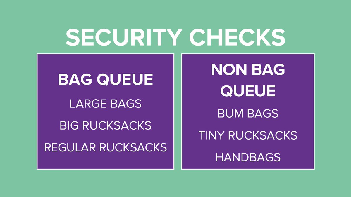 We advise bringing small/no bags into the Arena this weekend. Large bags will have their own queue which may be long due to strict searches.