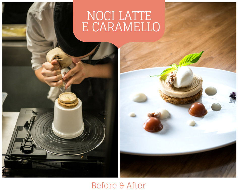 Caramello al mou, gel di latte, bisquit di zucchero moscovado e noci, cremoso di cioccolato bianco e soffice allo yogurt #marzapaneroma