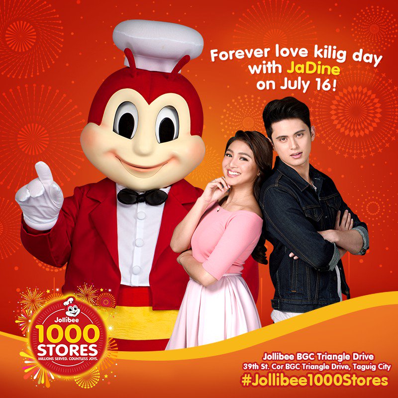Jollibee's tweet photo. It's a date w/ @hellobangsie &amp; @JayeHanash as they visit our 1000th store! Let's celebrate forever love on July 16, 6pm! #Jollibee1000Stores https://t.co/glh0FCFjhy