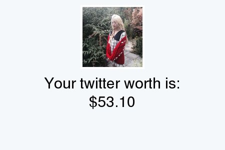 BERRYJSOOJ's tweet image. My Twitter worth is: $53.10

Find yours with tinyurl.com/mytwitterworth

.