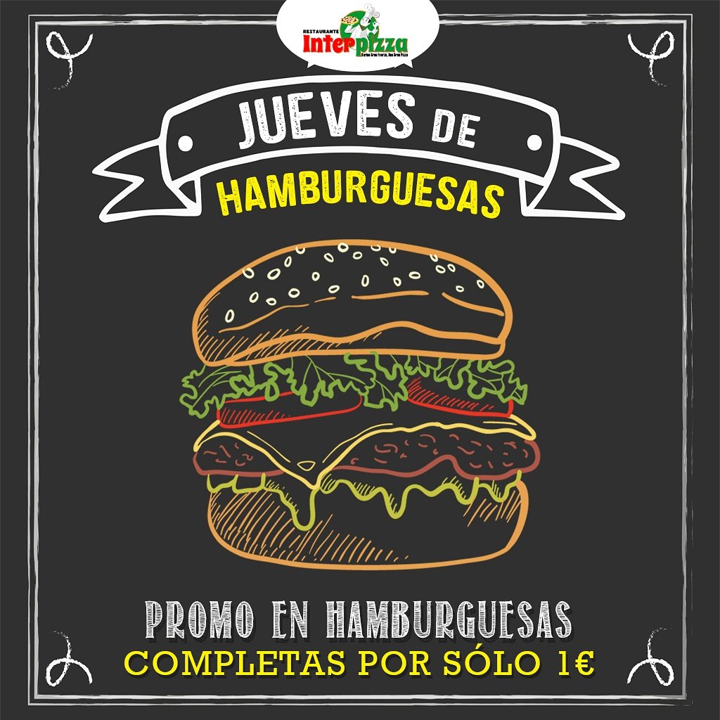 Interpizzas's tweet image. Comparte con tus amigos  y Deleita tu paladar con nuestra Promo en Hamburguesas Completas por sólo 1€. Ven a #Interpizza y hazte con ella