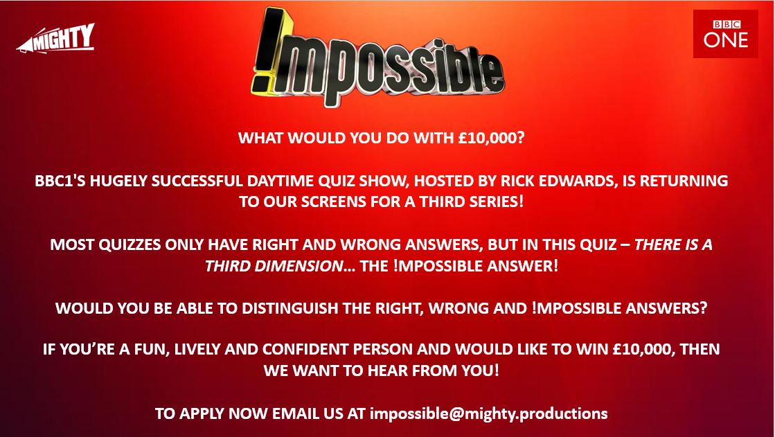 Applications for series 3 of #impossiblebbc  with <a href="/rickedwards1/">Rick Edwards</a> are now open! Your mission, if you choose to accept it, is to apply!