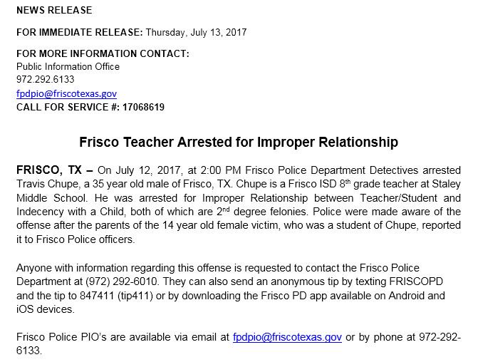 FriscoPD's tweet photo. Teacher arrested for Improper Relationship Educator/Student and Indecency with a Child, both 2nd degree felonies. https://t.co/KgfUBcWj8C
