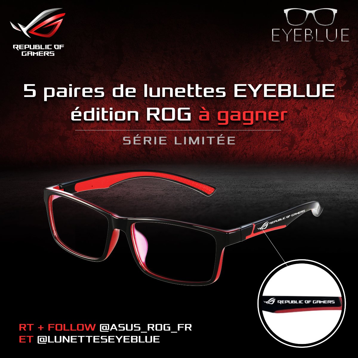 ASUS_ROG_FR's tweet photo. 🎁 #Concours 5 paires de lunettes EyeBlue ROG édition limitée à gagner ! 😎
RT+Follow @lunettesEyeBlue &amp; @ASUS_ROG_FR ! 
#ROG x #EyeBlue 🎁 https://t.co/0UOxxGjhMD