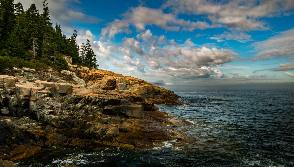 Ocean waves wash against a rocky shoreline with trees at the top of the small cliffs under a dramatic cloudy sky.