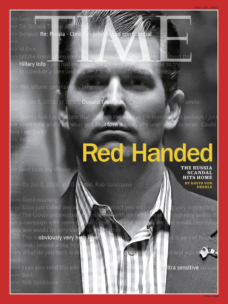 BraddJaffy's tweet photo. Trump loves to talk about his TIME covers; was reportedly annoyed when Bannon got one
This is the new cover: Don Jr. — “Red Handed” https://t.co/rHCC0PgJMm