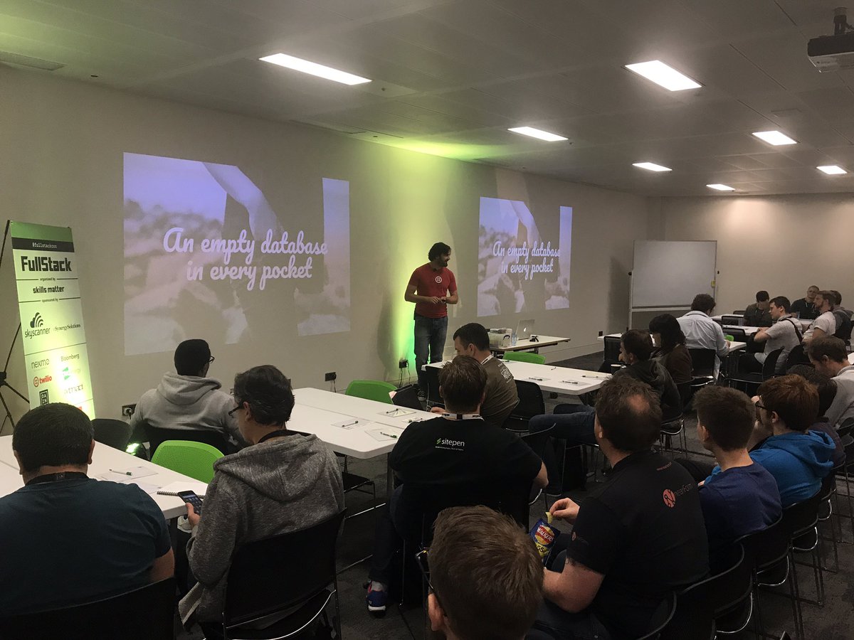 FraserAtSM's tweet photo. LIVE: In CND, @philnash gives an enthusiastic talk on an empty database in every pocked! #fullstackcon #javascript #IOT #node https://t.co/ansyVgkp38