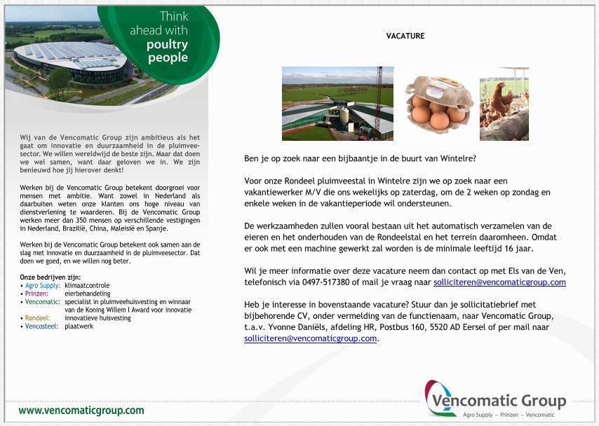 wees er als de kippen bij als je nog een bij-/vakantiebaan zoekt in de buurt van Wintelre! #vacature #bijbaan #vakantiebaan