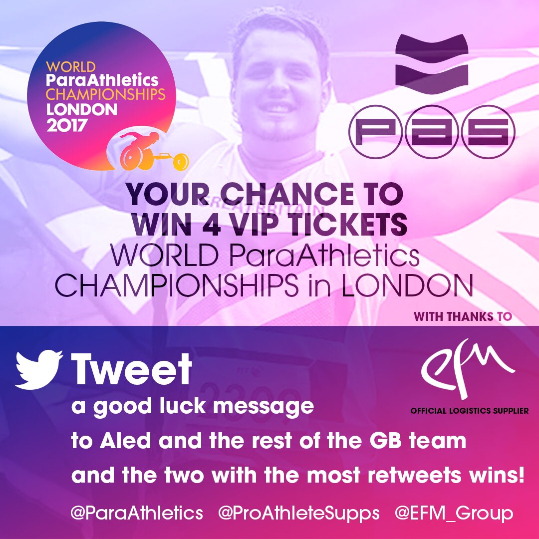 ProAthleteSupps's tweet image. Tweet a good luck message to @AledDavies2012 &amp;amp; the GB team for a chance to #Win 4 VIP tickets to watch them in action 💪 #ParaAthletics