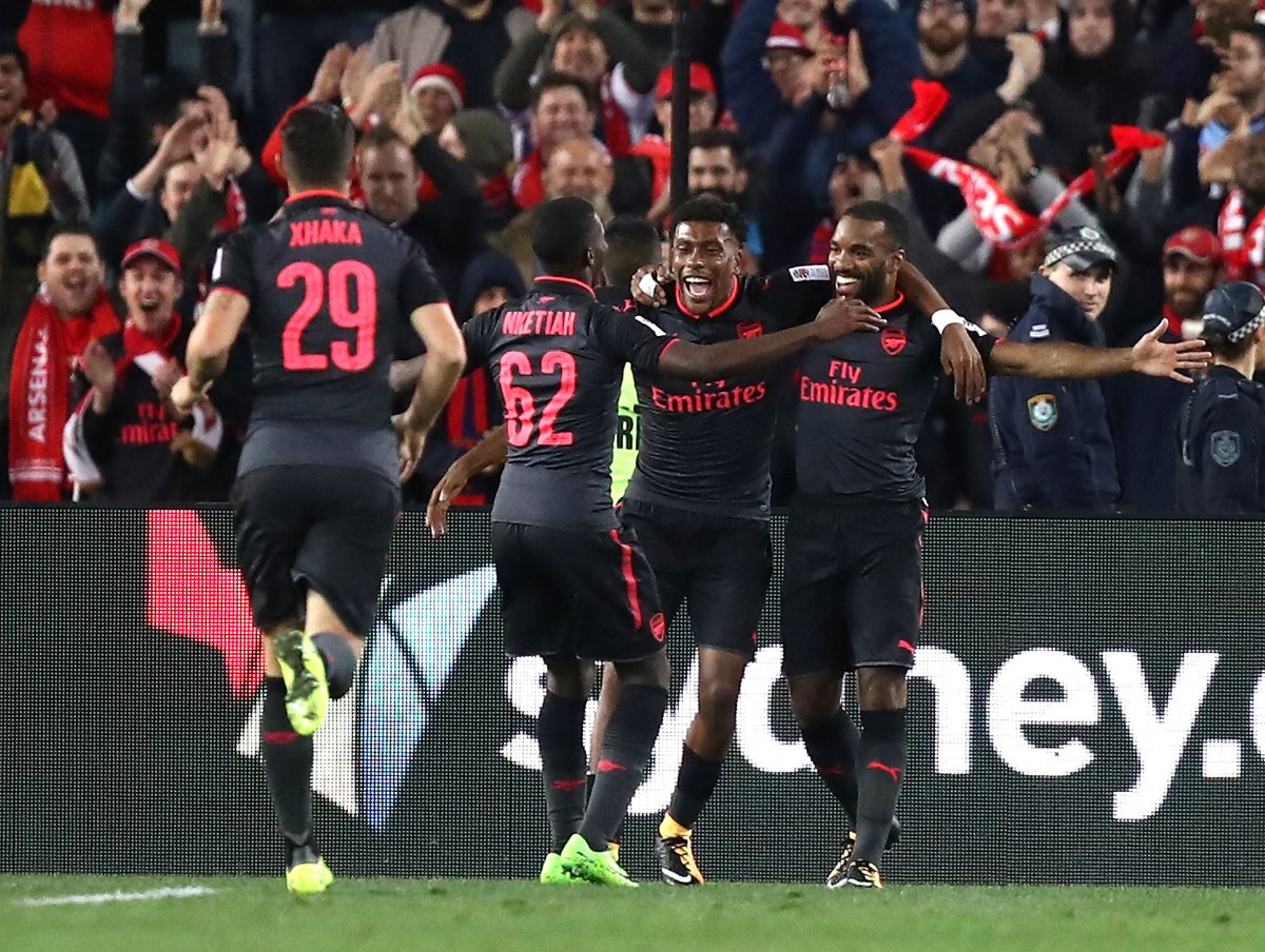 Arsenal's tweet photo. That's full-time here at @ANZStadium

✅ 2-0 win
✅ First goal for @LacazetteAlex 
✅ Job done

#ArsenalinSydney https://t.co/KKKiy08OAM