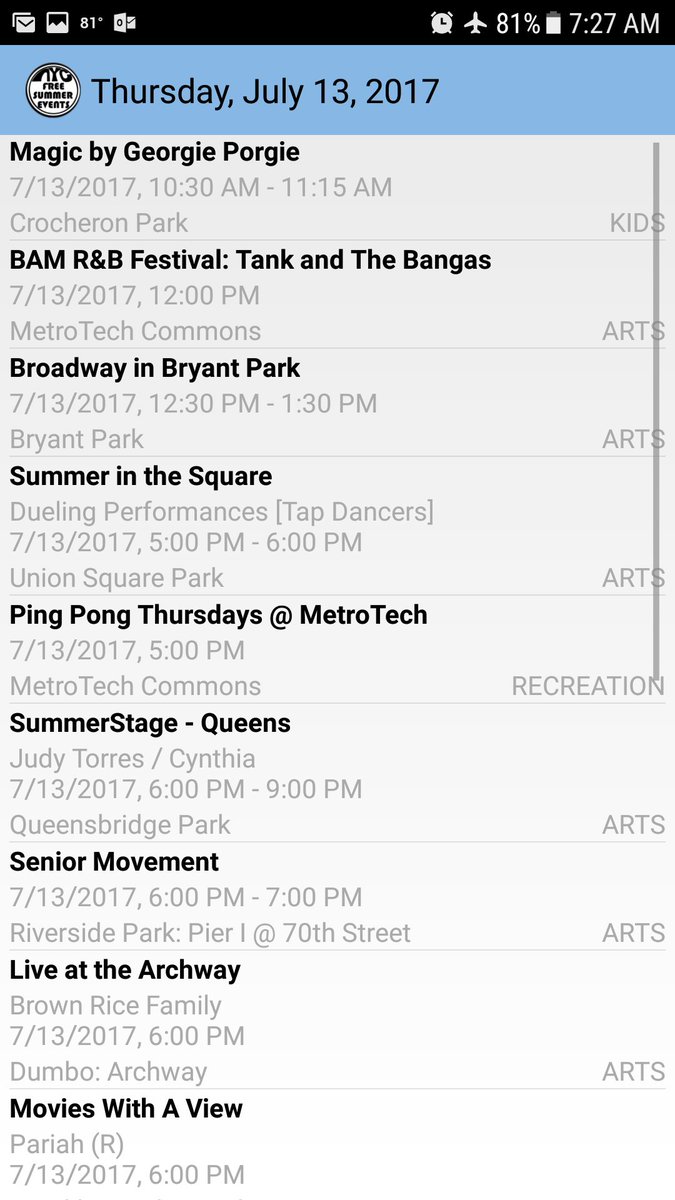 NYCFreeSummer's tweet photo. Screenshots from the #nycfreesummer app. Let's hope rain doesn't get in the way of today's #free events! @NYCParks #nyc #concert #movie https://t.co/A9mMeBN65F