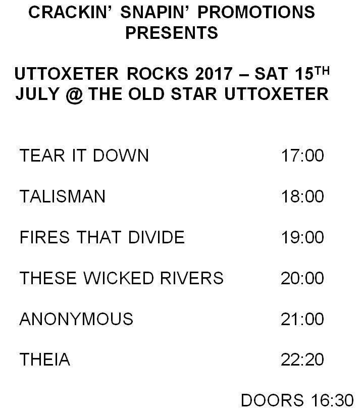 TheHowlingTides's tweet photo. #UttoxeterRocks stage times! Make sure you catch @WickedRivers, @FiresThatDivide, @THEIA_uk, Tear It Down &amp; Talisman! 😝 https://t.co/3jconSh5RC