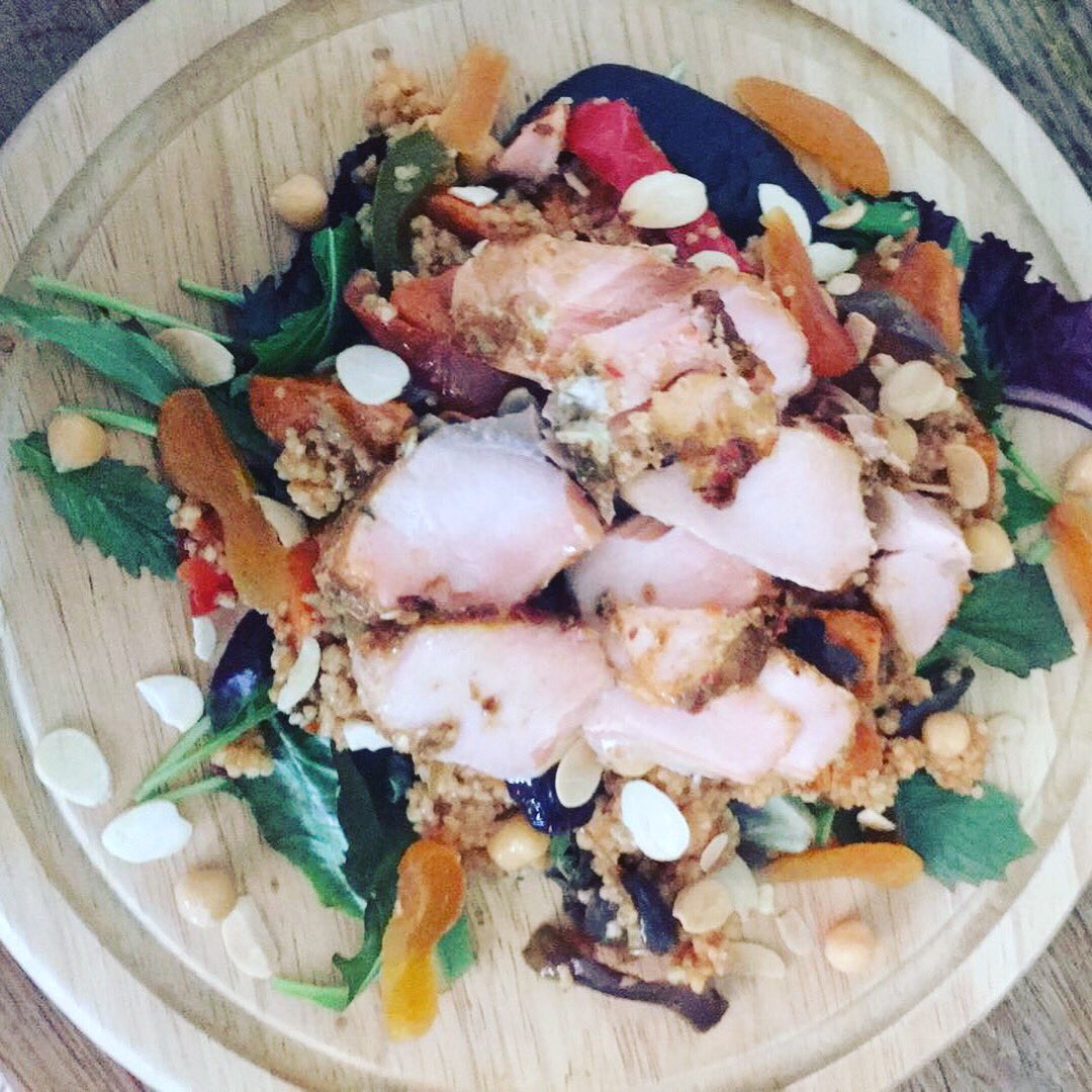 ScrumptiousTea's tweet photo. Beautiful new #healthy salad today of Moroccan couscous served with baked salmon #superfood #scrumptious #salad or lemon &amp; elderflower cake? https://t.co/PdyChhgwIq