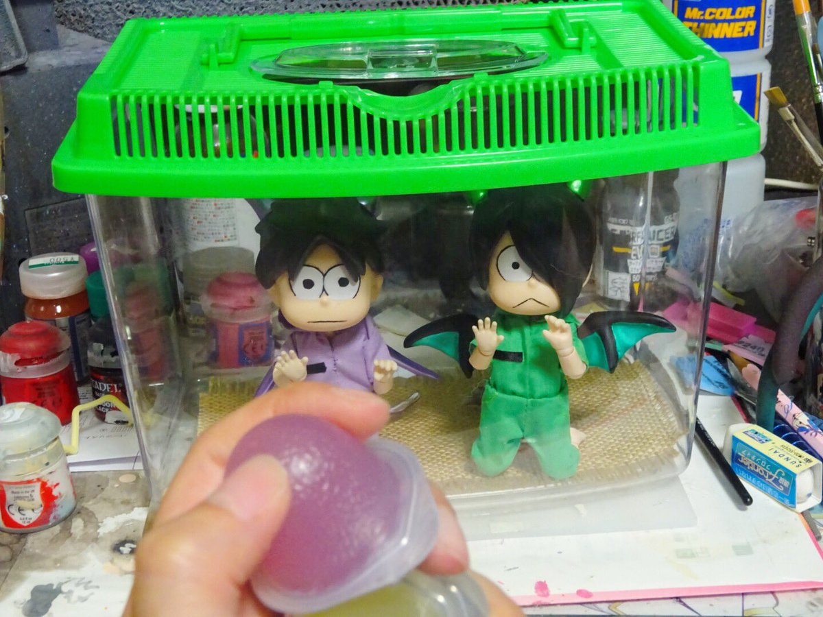 変な生き物を捕まえました。悪魔らしいです。
とりあえず飼ってみようと思います。虫ゼリー食べるかなぁ。
#おそ松さんのオビツろいど  #おそ松さん写真部