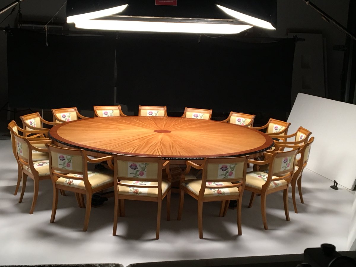 TG1920's tweet photo. Hello #madeinbritainhour Fresh from our workshops, another giant table to share - this time it's circular, in satinwood and seats 15... https://t.co/EKy2UKGYjb