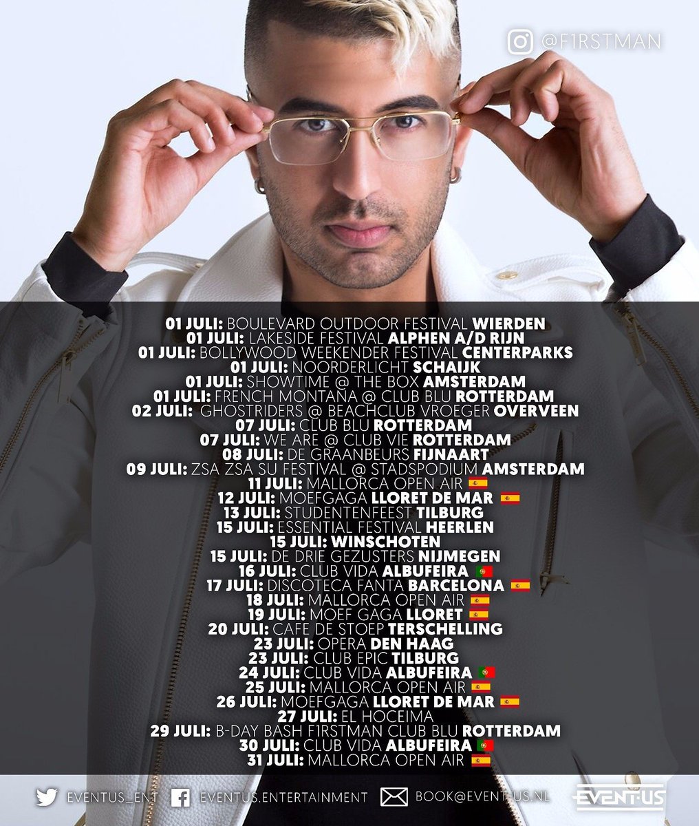 EventUs_ent's tweet photo. Deze maand heeft @f1rstmanvdngs een volle agenda met binnen- en buitenlandse shows! Waar kom jij hem bezoeken? 👀 #Tourdata #Juli #F1rstman https://t.co/UnRkKgkLTR