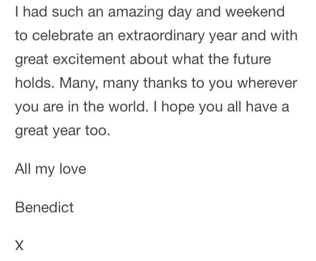 Phew, that's it, I'm afraid. I can't guarantee the info is 100% correct but I tried. Apologies for the rather blurry graphic with the logos. A bit of a rush job. Black/white BC screenshot by  @duskybatfishgrl.Here's Benedict's birthday message to fans: