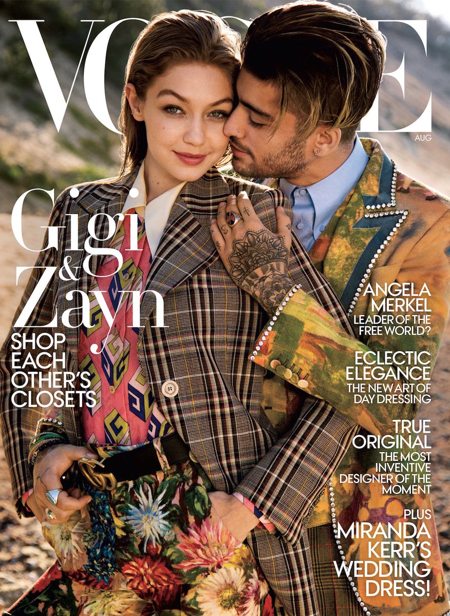 voguemagazine's tweet photo. .@GigiHadid and @zaynmalik star on the cover of our August issue! Read the full story here: https://t.co/3d2GzXa7Em https://t.co/qqWajvjyqa
