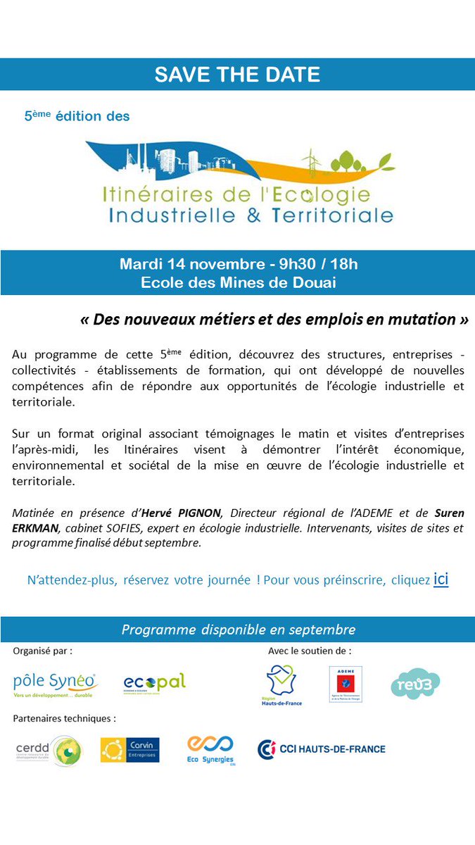 PoleSyneo's tweet photo. 5ème édition des Itinéraires de l'Ecologie Industrielle et territoriale 2017.
14/11/2015- Infos et pré- inscription https://t.co/I9h7i418ih https://t.co/sZJ1s9oOTS