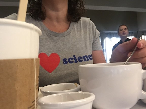 ProfMeredithH's tweet photo. Email check and breakfast at the hotel then off to the workshop organized by @cwiedinm. Got smiles for my tshirt #scienceathon #DayofScience https://t.co/cbOMiJdUhR