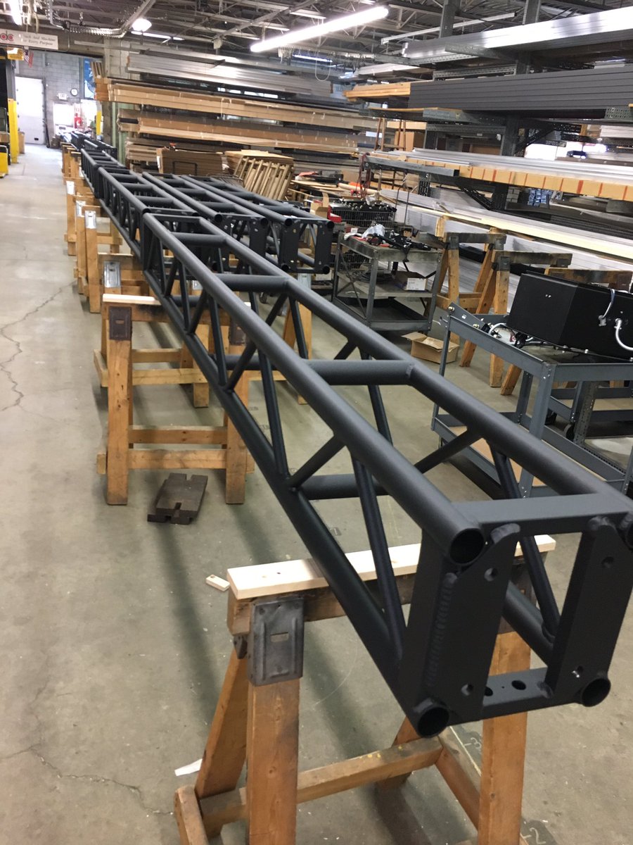 AutomaticDevice's tweet photo. Getting ready to assemble another tLift system for a 70' Austrian type curtain. #theatre #theaterrigging #usitt #LDI2017 #theatrecurtains https://t.co/lfnYbYv6zO