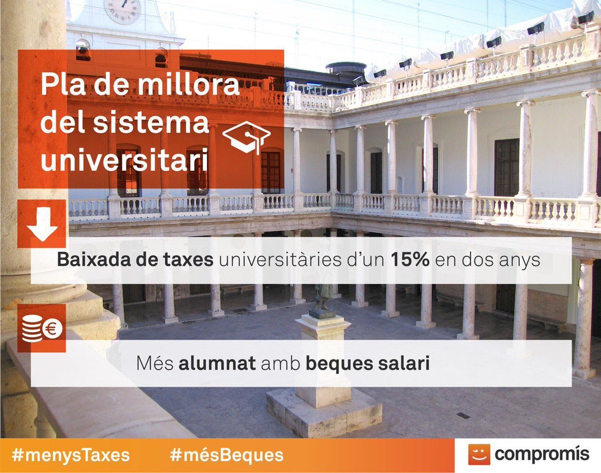 CompMarinaBaixa's tweet photo. Cap persona sense poder estudiar per motius econòmics.
➡Baixem les taxes universitàries un 15% i més alumnat tindrà beques salari https://t.co/nwyl90TRo6
