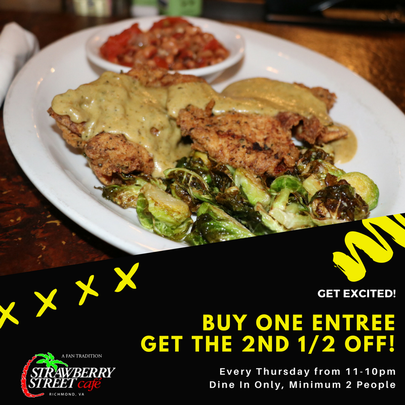 strawstreetcafe's tweet photo. NEW SPECIAL ALERT: Buy one of our signature entrees & get a 2nd one 1/2 off every Thursday at #StrawberryStreetCafe #RVAExclusives #RVAEats https://t.co/VJ4cQOKd6e