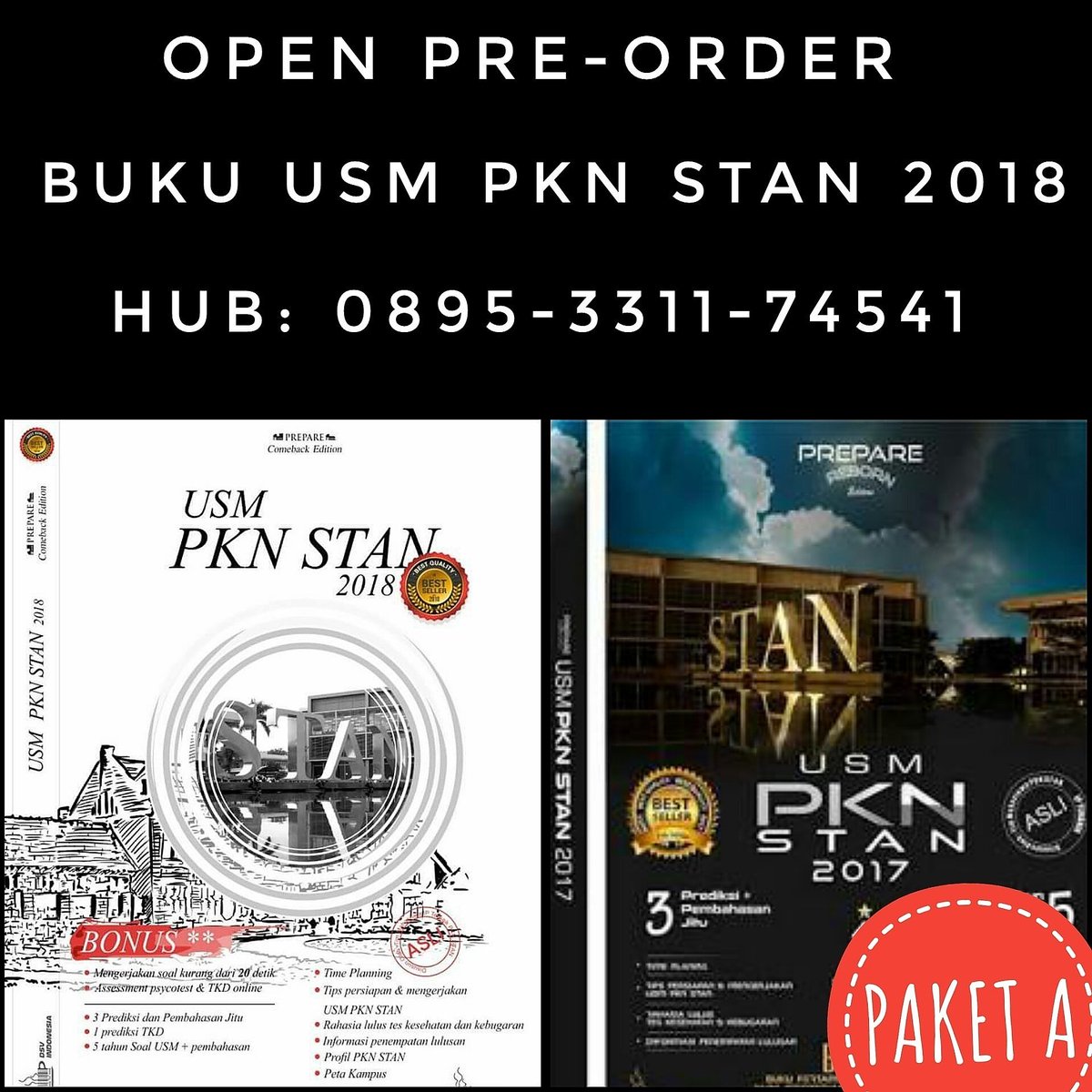 [PRE-ORDER] 

BUKU PREPARE USM STAN 2018 PAKET A ISI 2 BUKU
Rp 75.000

Hub: 0895-3311-74541