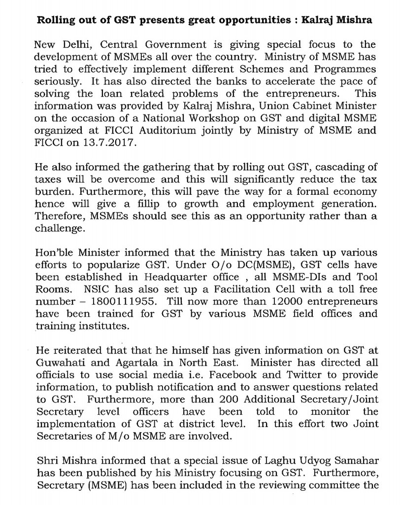 SaurabhT_'s tweet image. #gstrollout presents great opportunities : @KalrajMishra today at National Workshop on GST Readiness &amp;amp; DiGITAlMSME program.