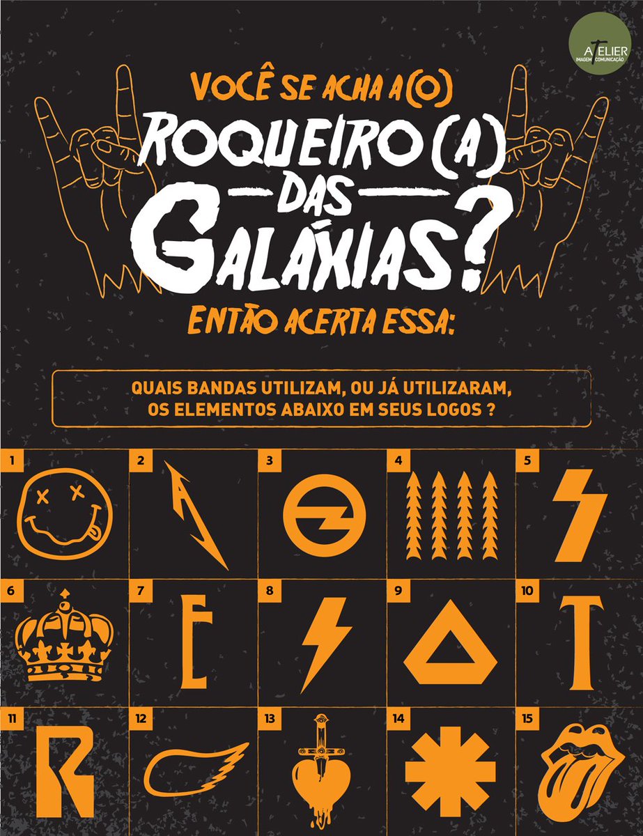 AtelierdeImagem's tweet photo. Desafio do designer: acertas as bandas que utilizam, ou já utilizaram, os elementos nos logos. #AtelierDesign #diamundialdorock https://t.co/UFywsylIq9