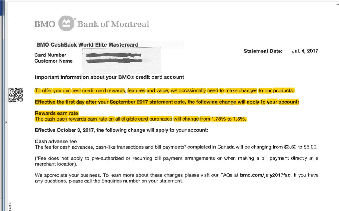 rcarrick's tweet photo. BMO CashBack World Elite MasterCard advertising 1.75% cash online while BMO alerts clients that the rate will soon fall to 1.5% https://t.co/vGNm3qLoRi