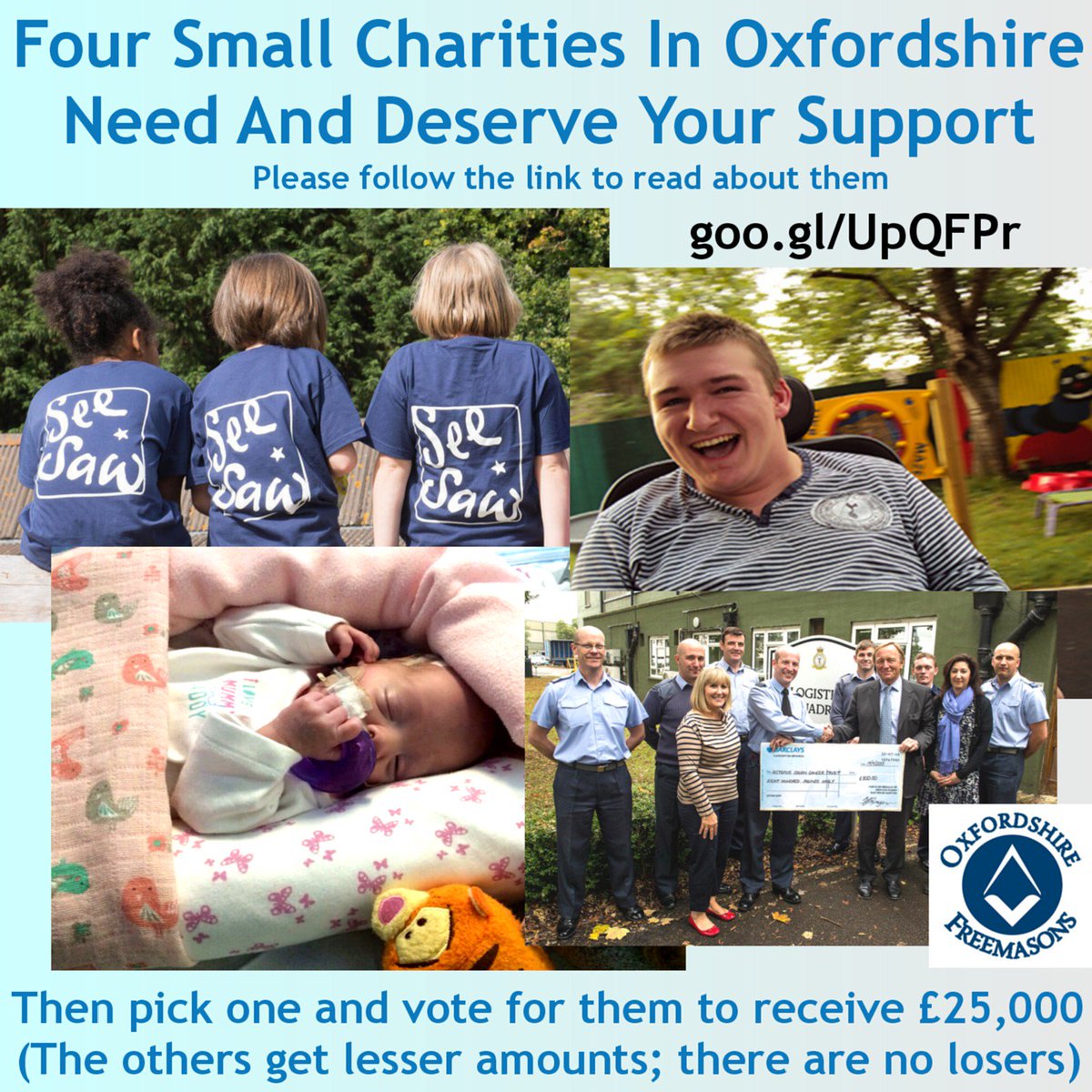 Voting closes 31st July
#FollowFriday <a href="/ChilternCentre/">Chiltern Centre</a> @SeeSawCharity <a href="/Occtopuscharity/">Occtopus charity</a>
oxfordshirefreemasons.org.uk/charity_vote.a…
#inspiration #hope #love #life