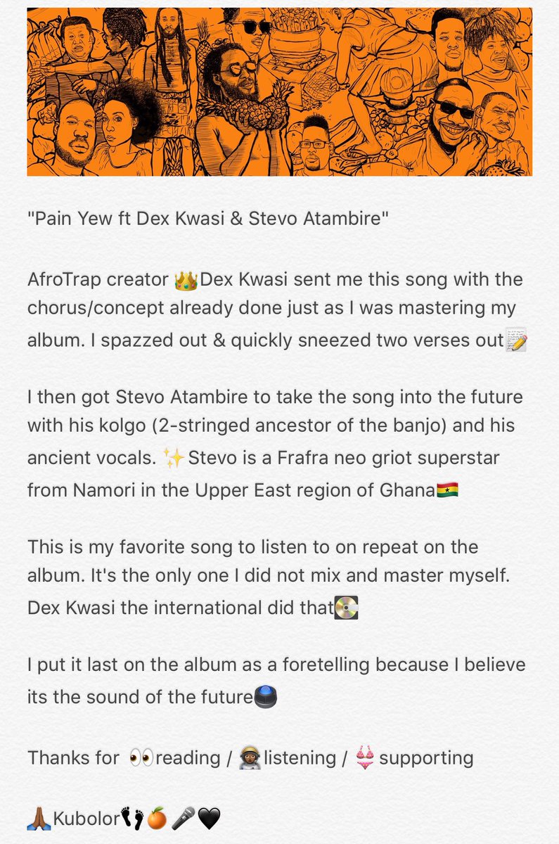 wanlov's tweet photo. Trk 21 "Pain Yew ft @DexKwasi & @StevoAtambire " is a this ๐๐พto those doing this ๐ฃ #OrangeCard #FruitopianRaps๐๐ค
https://t.co/BEFL6L3R8g https://t.co/EMqbxFnM77