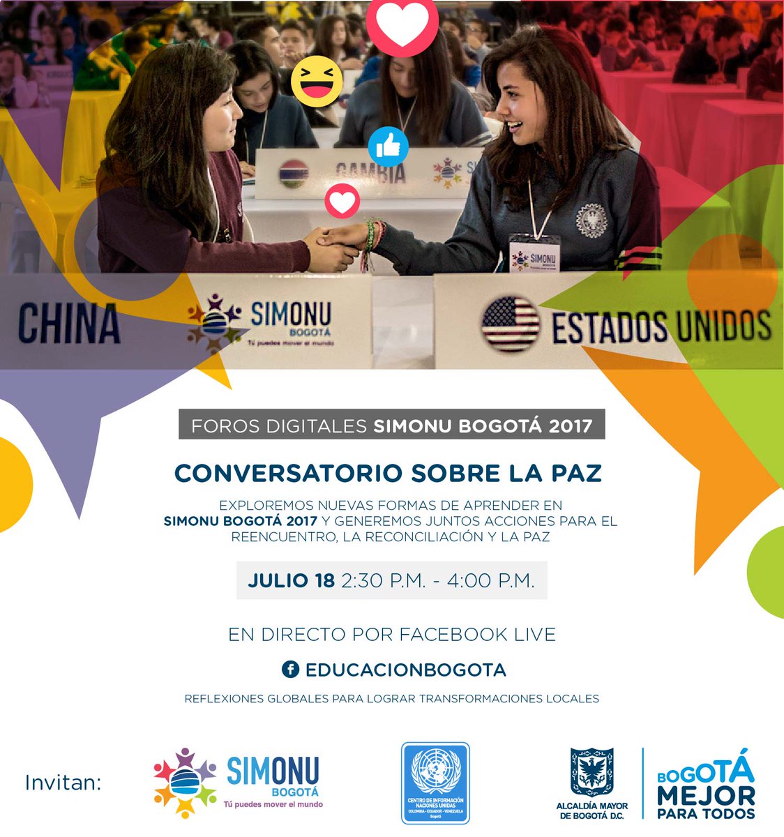 Educacionbogota's tweet photo. El próximo 18 de julio #SimONU2017 tendrá su tercer foro digital. En esta oportunidad los delegados debatirán sobre paz. ¡Prográmate! https://t.co/f06caIbJYc