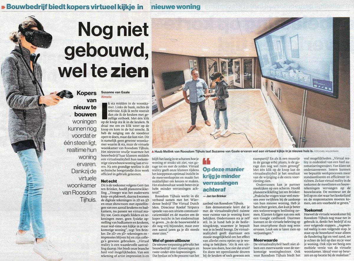 Leuk artikel vandaag in de Tubantia over de vooruitstrevende toepassing van virtual reality in de eigen VR-ruimte van Roosdom Tijhuis