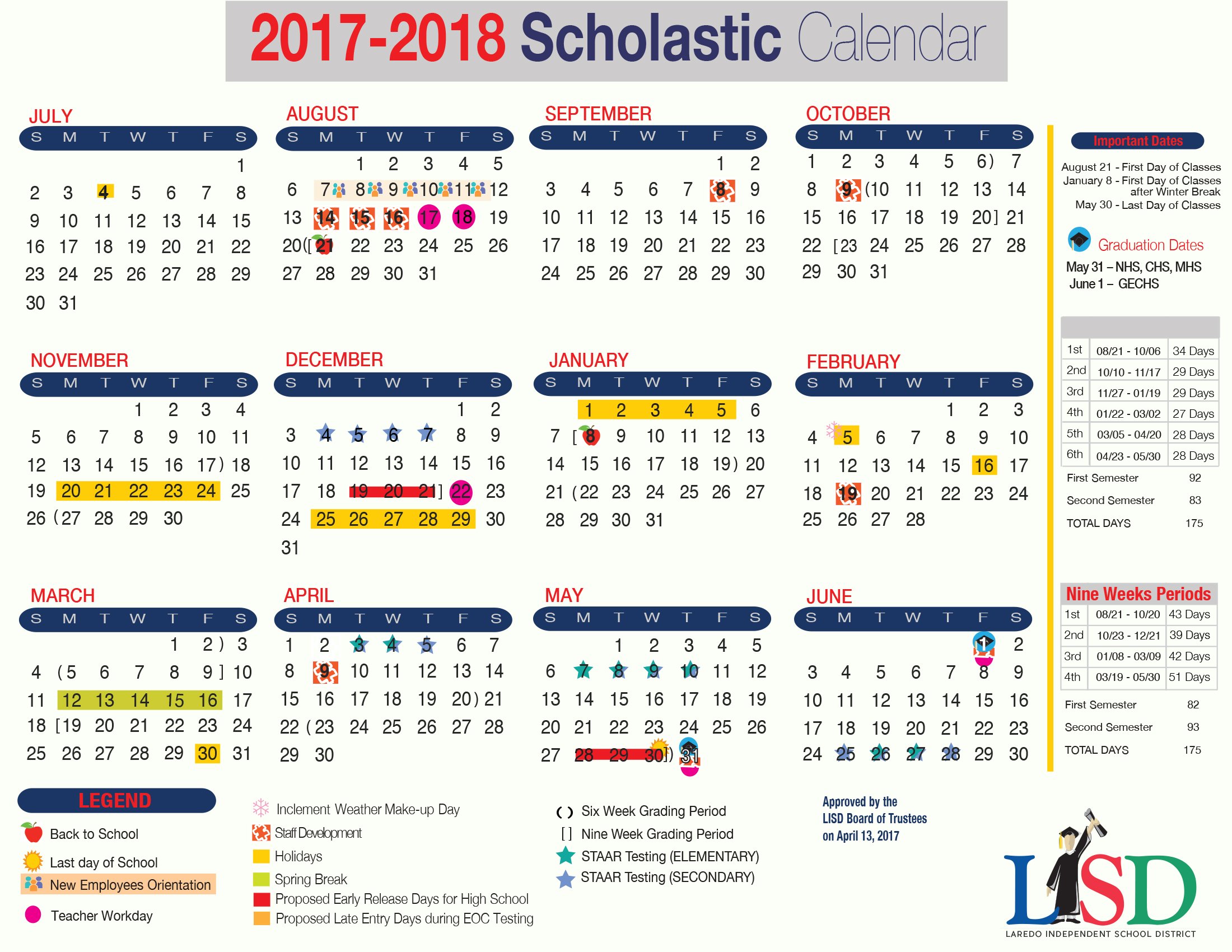 Laredo Isd Lisd 17 18 Scholastic Calendar The First Day Of School For All Lisd Students Is Monday August 21 T Co I9hlrrijc1 Twitter