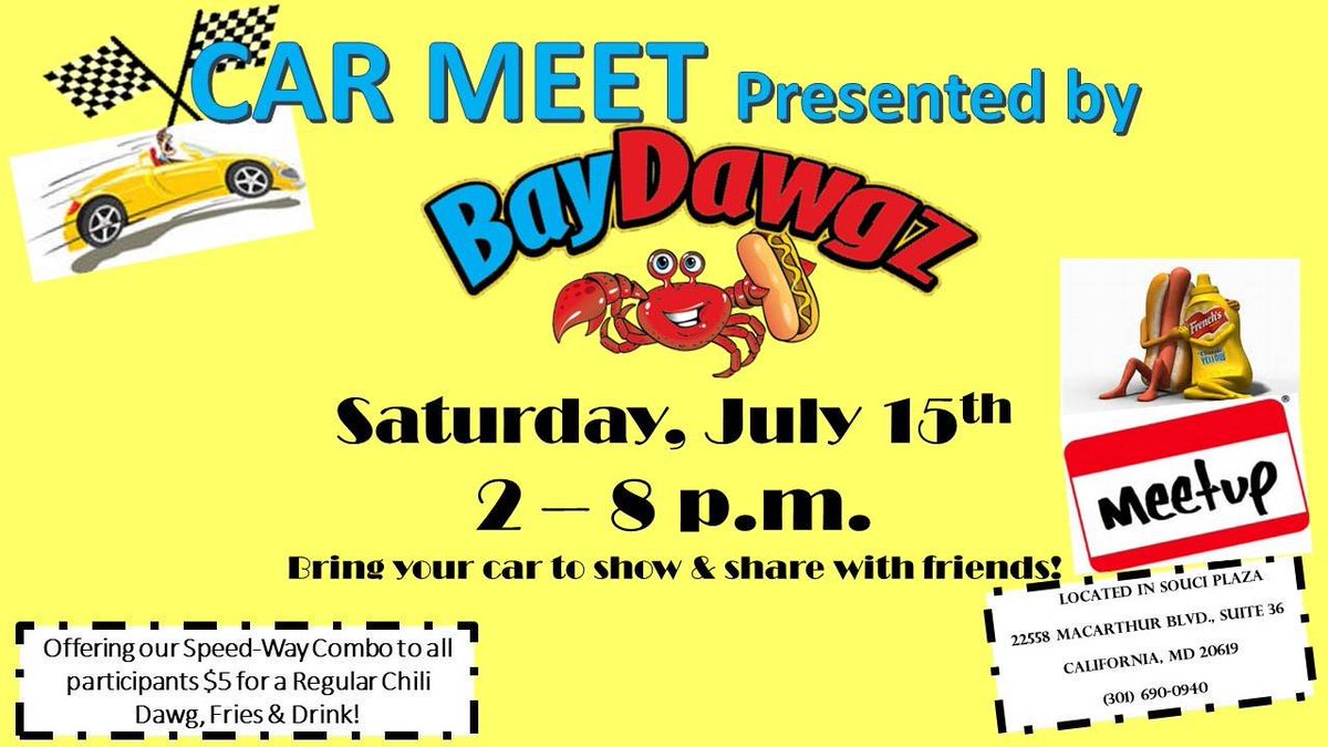 Car Meet Saturday, July 15th. Meal deals &amp; prizes <a href="/BlueCrabs/">Southern Maryland Blue Crabs</a> <a href="/tandafarm/">Tom&Abby Trossbach</a> <a href="/LexParkFLM/">Lexington Park Ford Lincoln</a> <a href="/somdcom/">somdcom</a> <a href="/LtownFord/">Leonardtown Ford</a> <a href="/TravelSMC/">St. Mary's Tourism</a> <a href="/BlueCrabs/">Southern Maryland Blue Crabs</a> #carshow