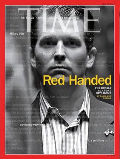 I wonder how many of @realDonaldTrump 's #GolfCourses this #TimeMagazine cover will be hung at. #redhanded #DonaldTrumpJr #throwemout