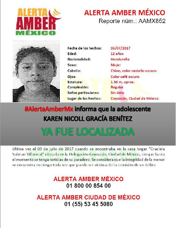 AAMBER_mx's tweet photo. Agradeciendo su apoyo #AlertaAmberMx informa que la adolescente KAREN NICOLL GARCÍA BENÍTEZ de 12 años de edad, ya fue LOCALIZADA. https://t.co/CuBYX299zR