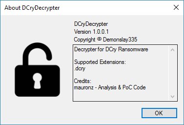 demonslay335's tweet image. Files encrypted with ".dcry" extension? Here's a free decrypter. Thanks to @FraMauronz for cracking it with me. :) download.bleepingcomputer.com/demonslay335/D…