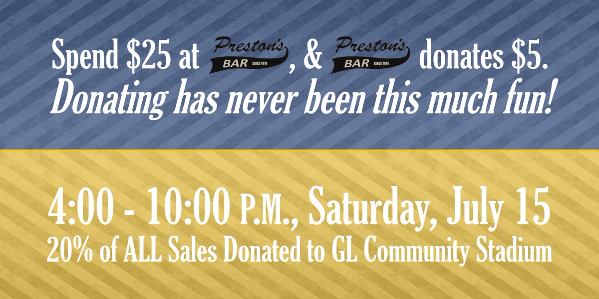 GLstadium's tweet image. TODAY, 4-10 pm at Preston's! Help finish the fundraising for the GL Community Stadium Project! @glhscomets @GL_football @CheerGlhs @GLPom