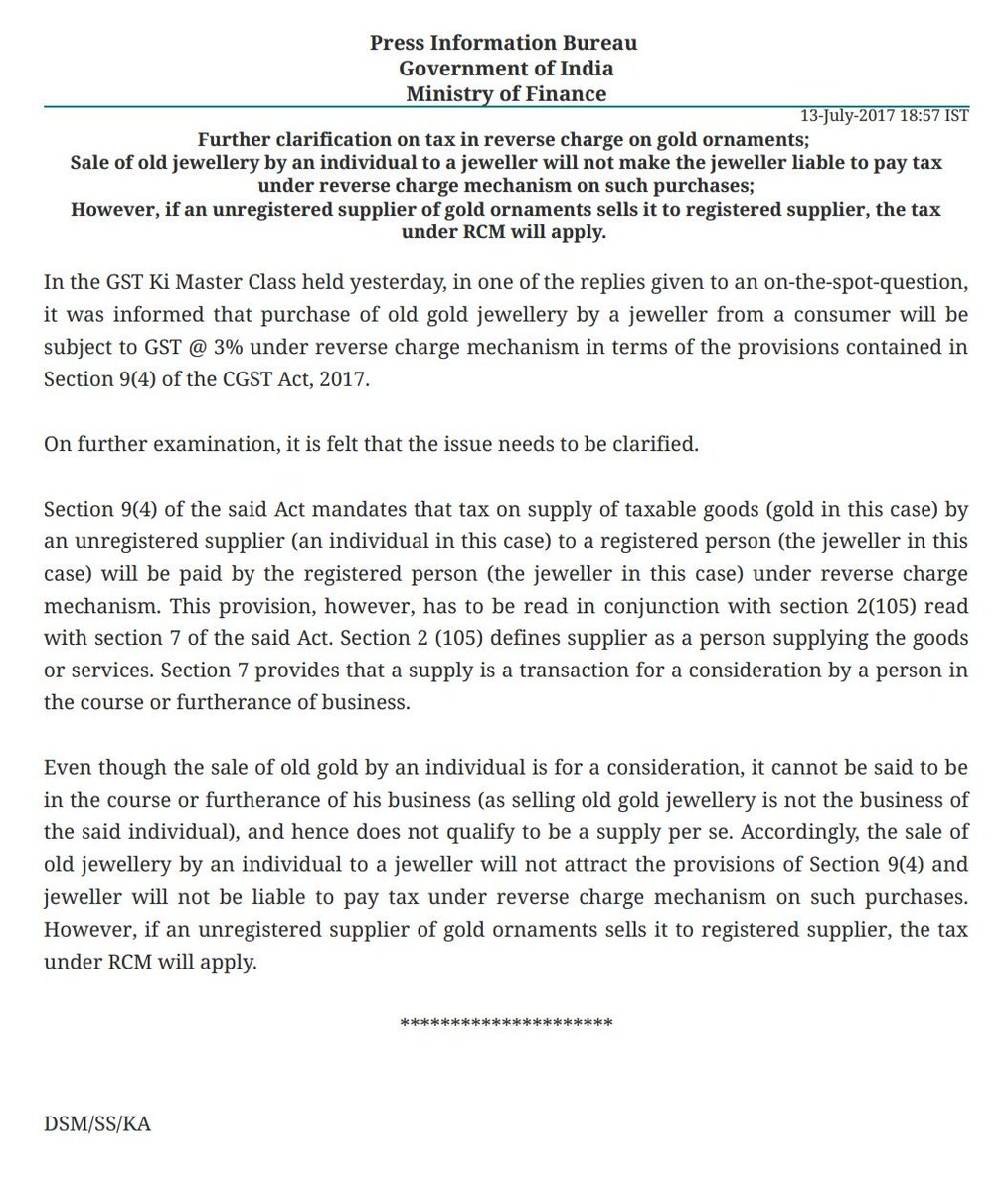 ursiddharthjain's tweet image. Clarification on tax in reverse charge on gold ornaments under #GST #GSTMasterClasses