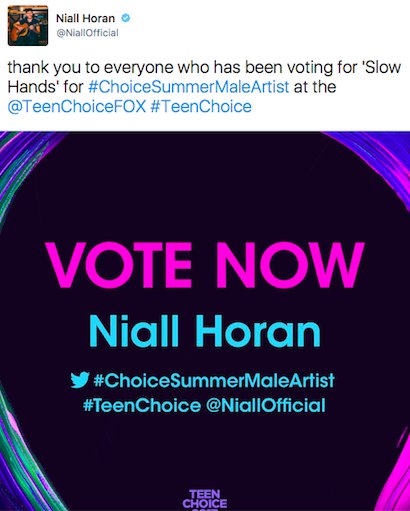 【Niallツイート訳】
<a href="/TeenChoiceFOX/">Teen Choice Awards</a> の #ChoiceSummerMaleArtist でSlow Handsに投票してくれたみんなありがとう！！#TeenChoice