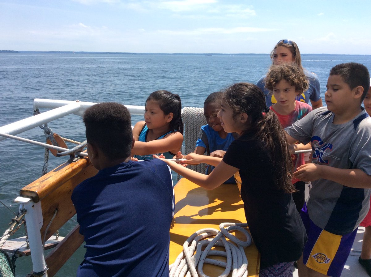 RoxburyMB's tweet photo. Roxbury Summer Science Scholars learning to sail in Long Island Sound on #Soundwaters Schooner. #spspride https://t.co/IgpLBZzrXM