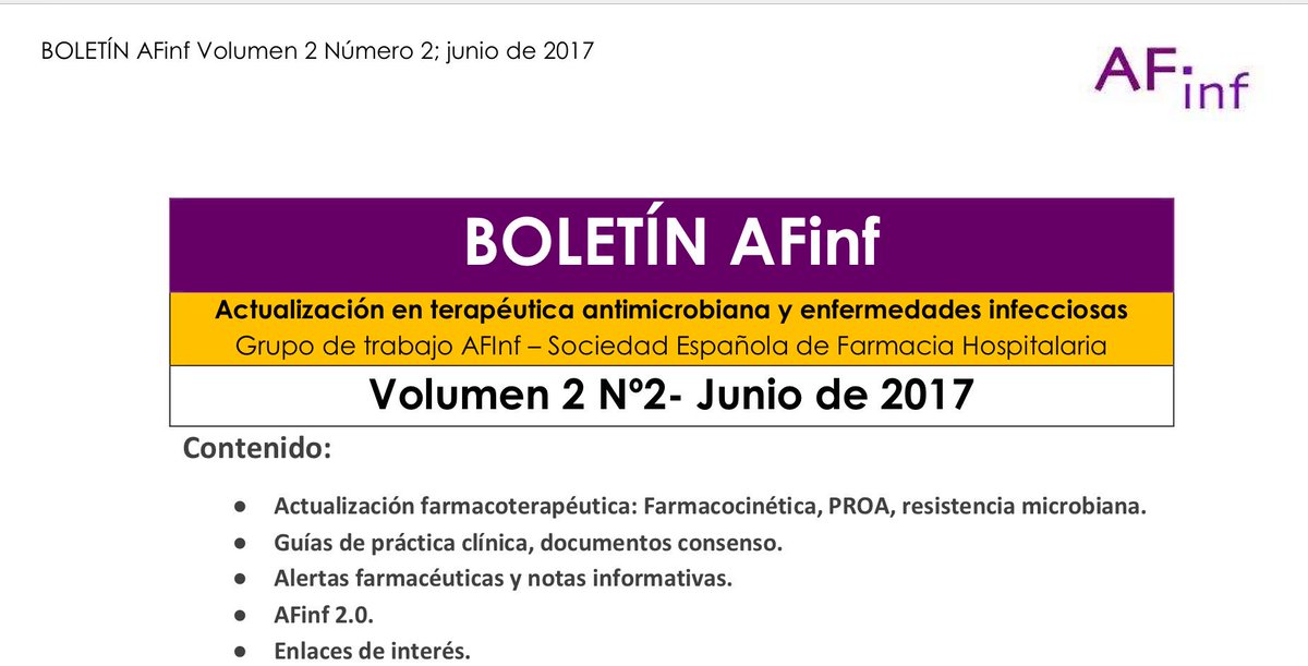 🆕📝Nuevo Boletín del @Grupo_AFinf_SEF <a href="/sefh_/">S.E.F.H</a> con novedades sobre #antibioterapia, #PROA y mucho más.

 📖bit.ly/2ugEC0g (pdf)