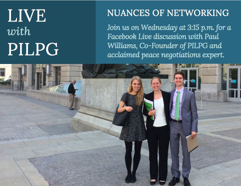 PILPG's tweet photo. Join us on Wednesday (7/19) @ 3:15 p.m. for a Facebook Live discussion with Paul Williams, Co-Founder of PILPG, on networking! #PILPGLive https://t.co/QPzTUGa4cA