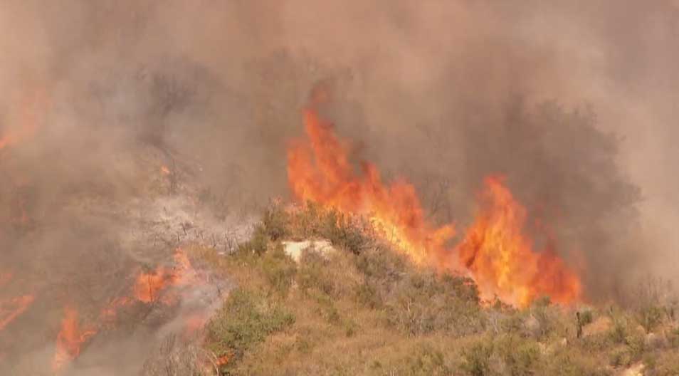 ABC7's tweet image. WATCH #LIVE: Brush fire continues to burn uphill near 23000 blk The Old Road in Newhall Pass area abc7.com/live