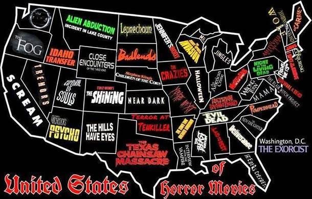 SensCritique's tweet photo. Intéressant : une carte des États-Unis indiquant les endroits où prennent place certains films d'horreur. https://t.co/pwCXnjcQ8t
